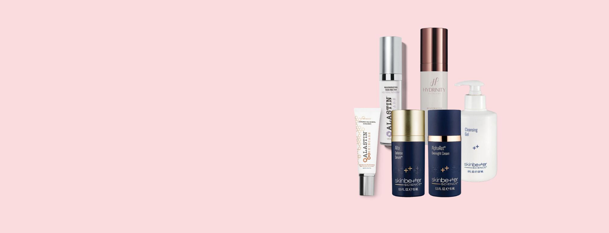 Collage of skincare product bottles from Skinbetter Science, Alastin, Hydrinity