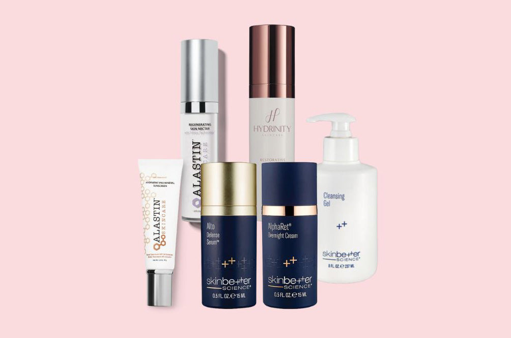 Collage of skincare product bottles from Skinbetter Science, Alastin, Hydrinity