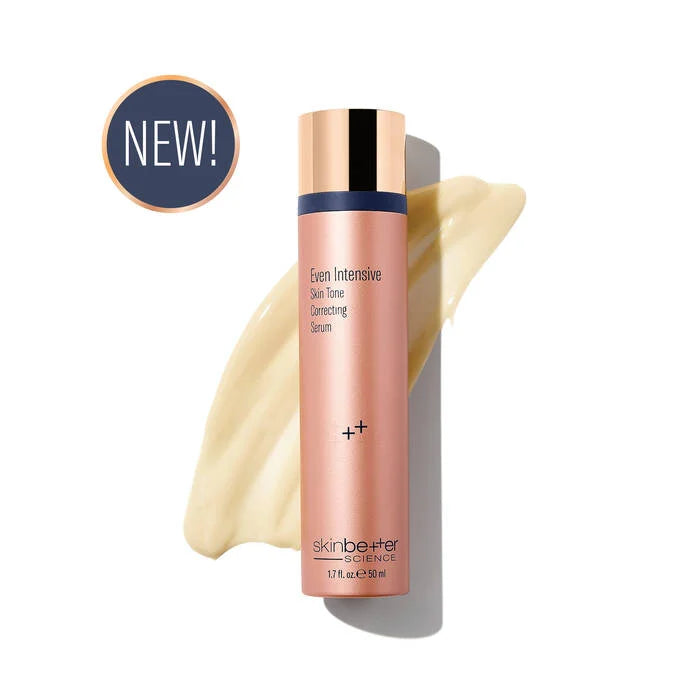 Skinbetter Science bottle labeled Even Intensive skin tone correcting serum with a swatch of cream on a white background with new! badge