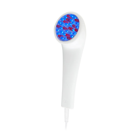 LightStim for Acne wand front view showing a mix of blue and red LED lights