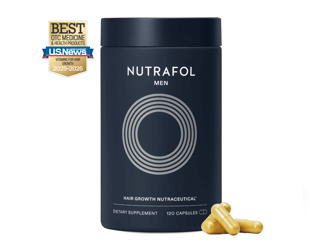 Nutrafol Men's hair growth supplement with capsules and US News best OTC medicine badge