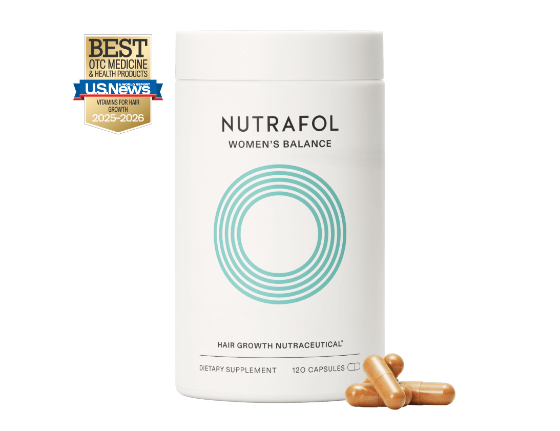 Nutrafol Women's Balance hair growth supplement with capsules and US News best OTC medicine badge