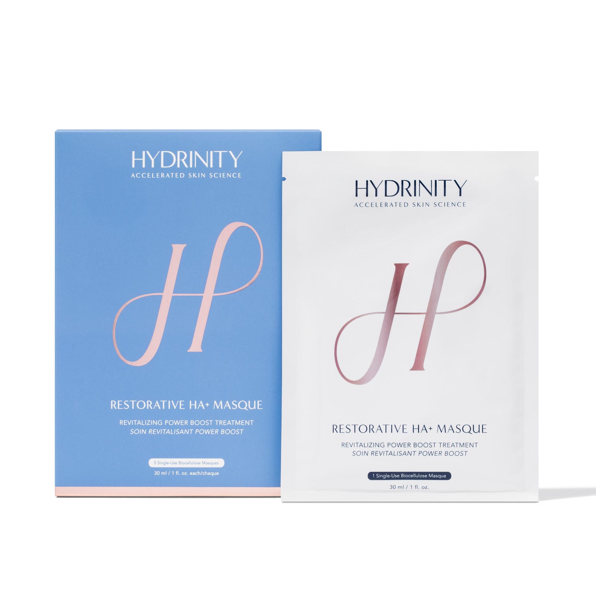 Hydrinity restorative HA+ masque revitalizing power boost treatment, 5 single-use biocellulose masques, 30ml/1 fl oz each