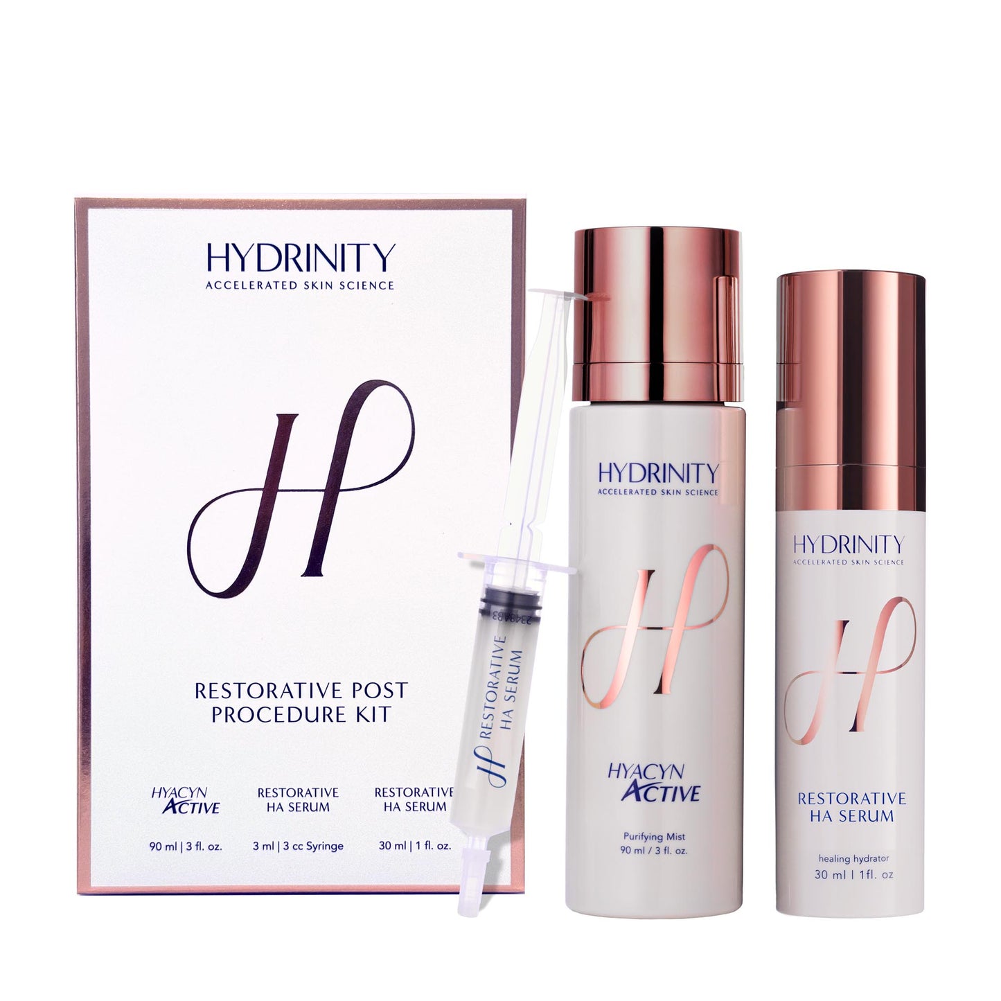 Hydrinity Restorative post procedure kit showing box, hyacin active purifying mist 90ml, restorative ha serum 30ml, and syringe