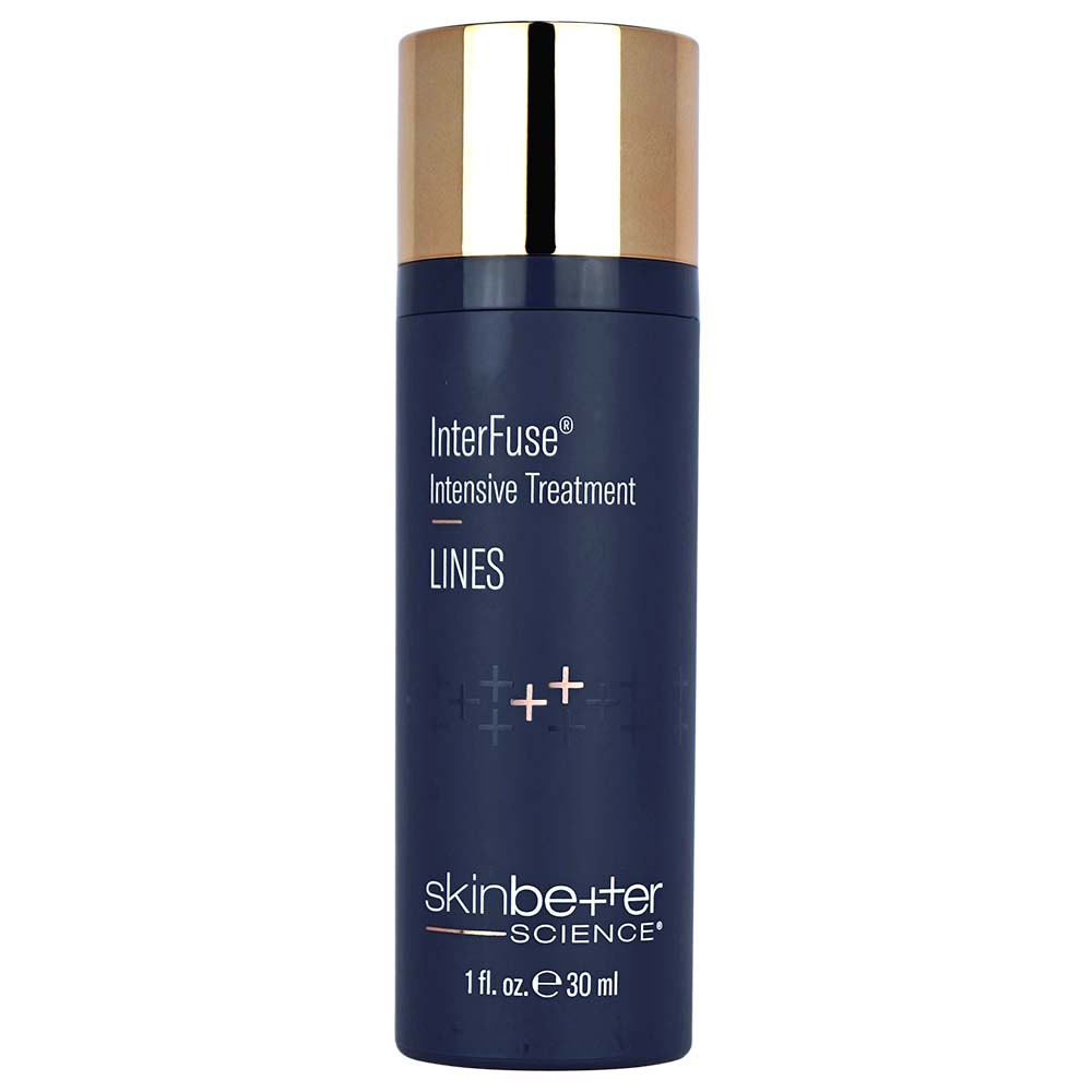Blue skincare bottle with gold cap labeled 'InterFuse Intensive Treatment LINES' by skinbetter science on a white background.