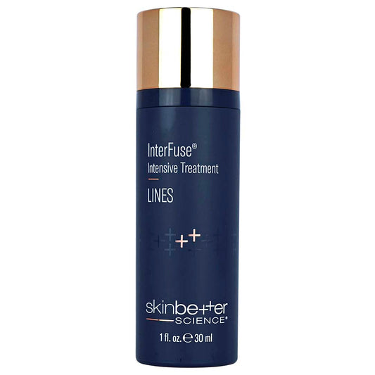 Blue skincare bottle with gold cap labeled 'InterFuse Intensive Treatment LINES' by skinbetter science on a white background.
