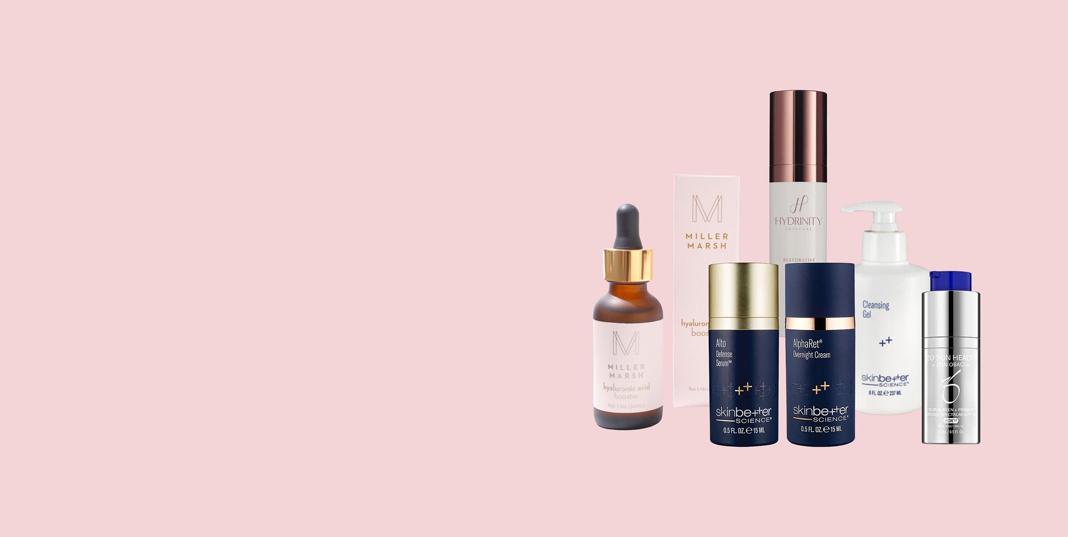 Group of skincare product bottles from Miller Marsh, SkinBetter, Hydrinity, and ZO Skin Health on a pink background